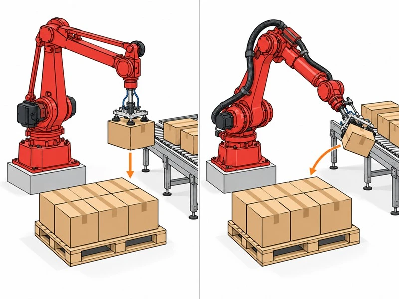Four-axis and six-axis robot arms demonstrate different gripping orientations while stacking cartons around a pallet..jpg Four-axis and six-axis robot arms demonstrate different gripping orientations while stacking cartons around a pallet..jpg