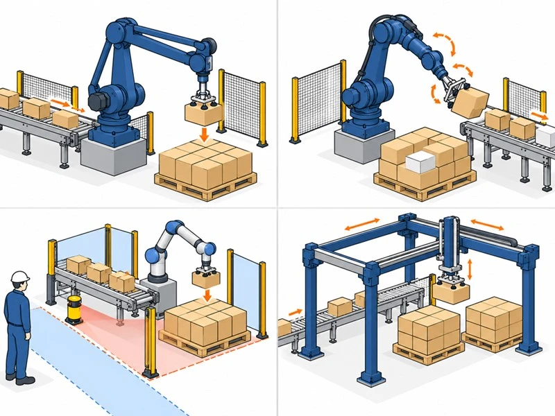 Four-axis, six-axis, collaborative, and overhead gantry palletizers robotic palletizing system types overview Four-axis, six-axis, collaborative, and overhead gantry palletizers robotic palletizing system types overview