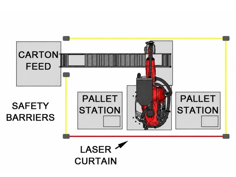 Overhead layout of one palletizing robot serving a conveyor and two pallet stations with separated access routes Overhead layout of one palletizing robot serving a conveyor and two pallet stations with separated access routes