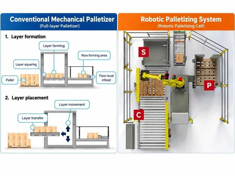 Robotic palletizing system stacks individual cases, while conventional machinery forms full pallet layers Robotic palletizing system stacks individual cases, while conventional machinery forms full pallet layers